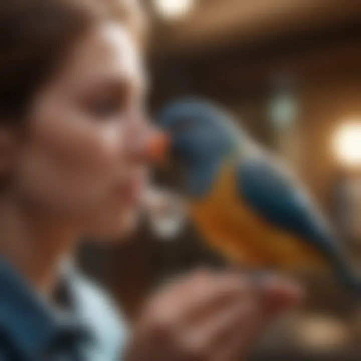 A bird owner administering medication to a pet bird.