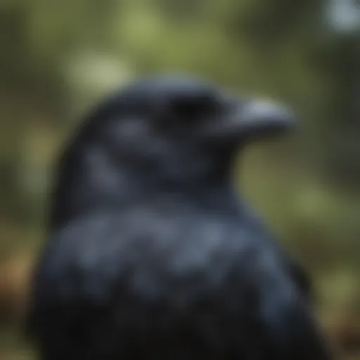 Close-up of a crow with glossy black feathers