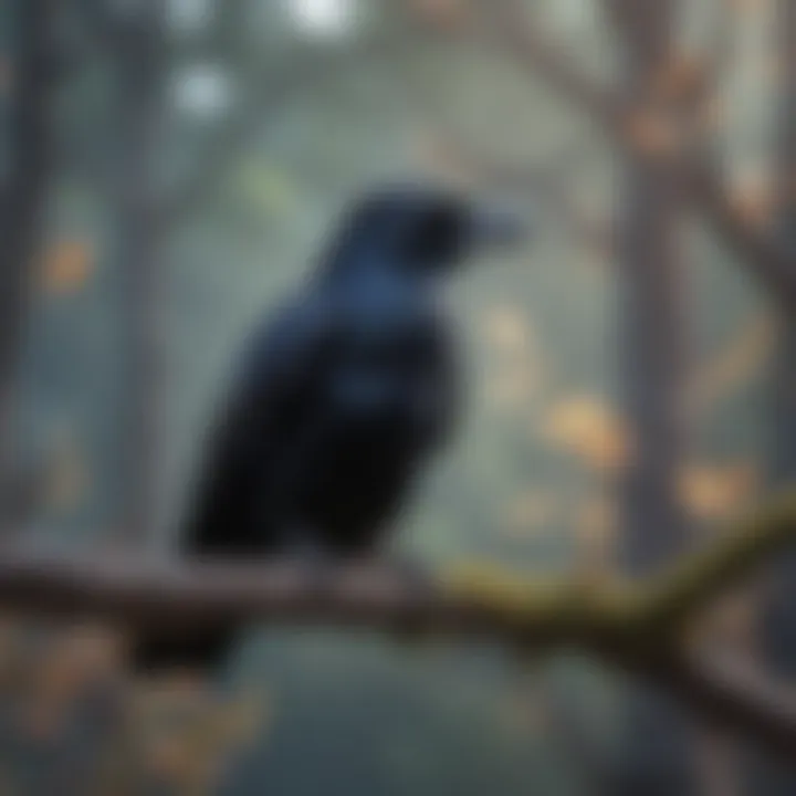 Raven perched on a branch against a clear sky
