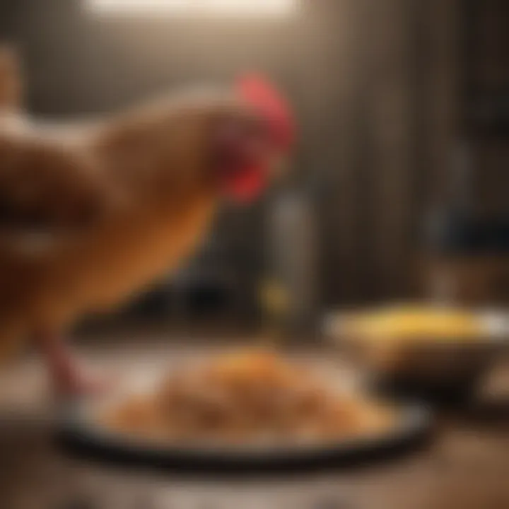 Close-up of a chicken owner measuring and distributing high protein feed.
