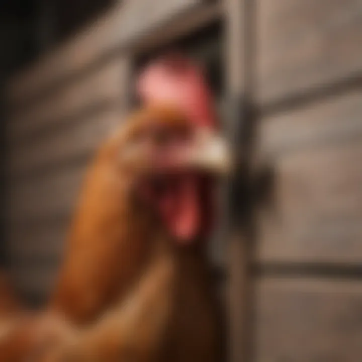 Close-up of a wooden DIY chicken door with latch mechanism