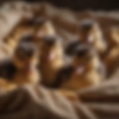 A close-up view of East Indian ducklings nestled in a cozy bedding, highlighting their adorable features.