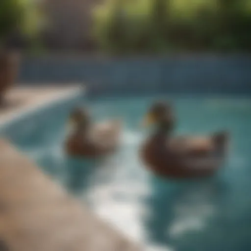 Ducks near a swimming pool