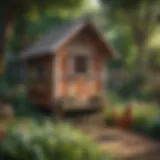 A vibrant chicken coop in a lush garden setting