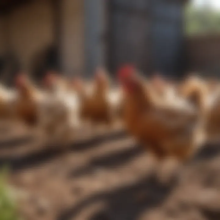 A flock of chickens pecking at the ground