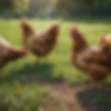 Chickens roaming freely in a green pasture