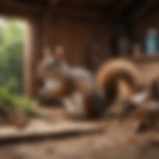Squirrel exploring a shed environment