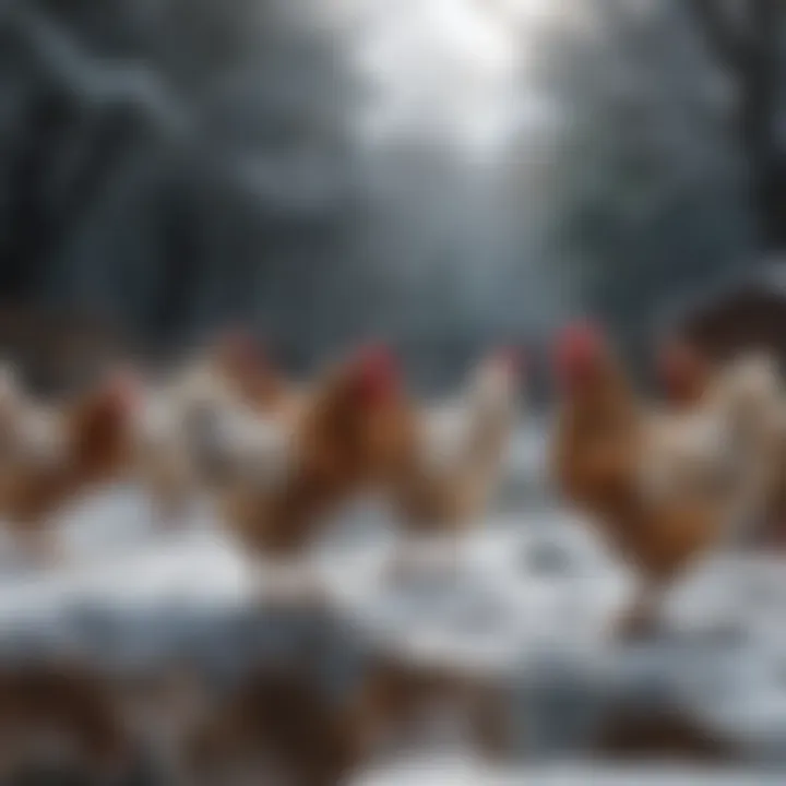 Chickens drinking from non-freezing water source in winter