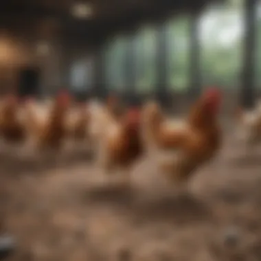 Chickens in Enclosure Chickens safely roaming in a protected enclosure, showcasing effective safety measures.