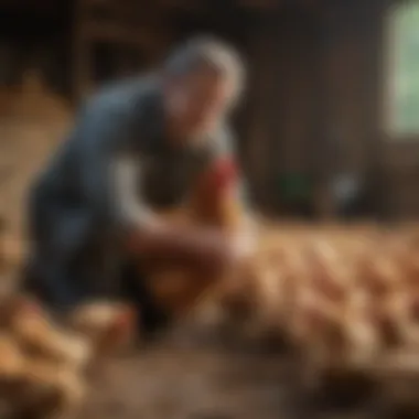 Engaging with Chickens for Optimal Egg Production A farmer interacting with chickens, illustrating the choice of breed for optimal egg production