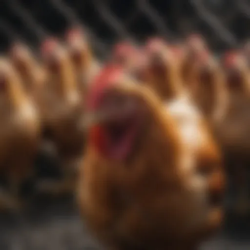 Close-up view of electric chicken netting with poultry