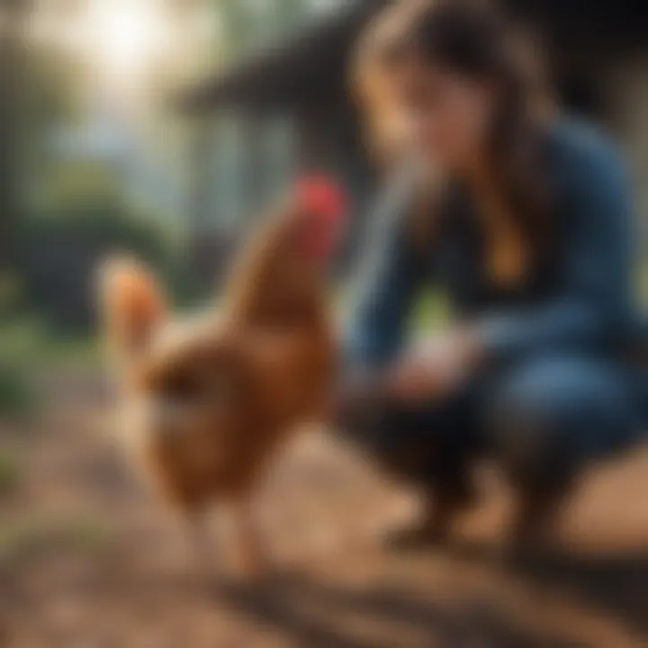 A person engaging with their chicken outdoors, showcasing the bond