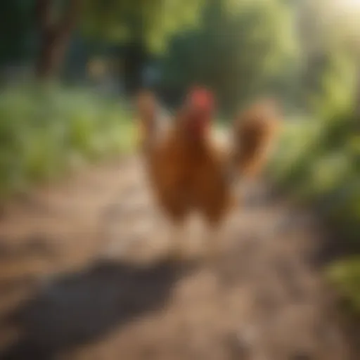 A chicken happily walking on a leash in a sunny garden