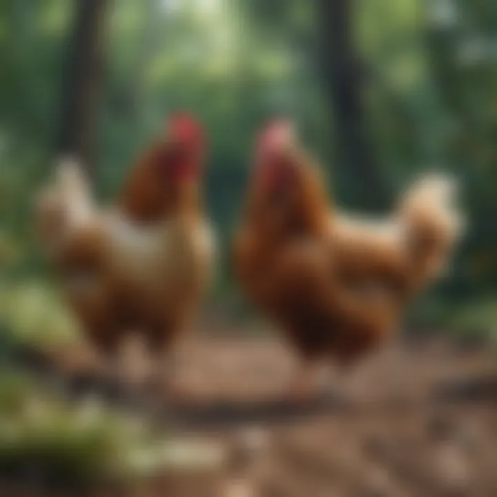 Chickens exploring a natural environment