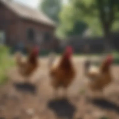 Farmyard setting with chickens roaming freely