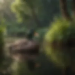 A peaceful duck habitat with water and greenery