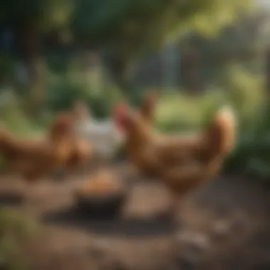 Essential Chicken Care Practices Healthy chickens foraging in a lush outdoor space, demonstrating proper care.