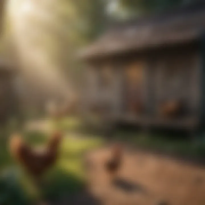 A tranquil chicken coop setting showcasing a well-maintained environment for poultry.
