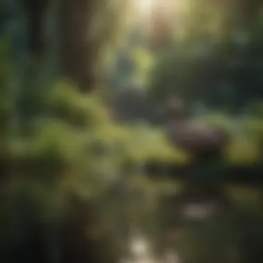 A serene duck habitat showcasing lush greenery and a pond