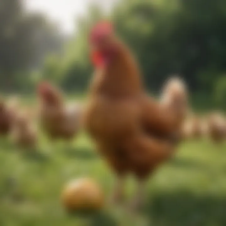 Assorted chicken breeds in a lush green pasture