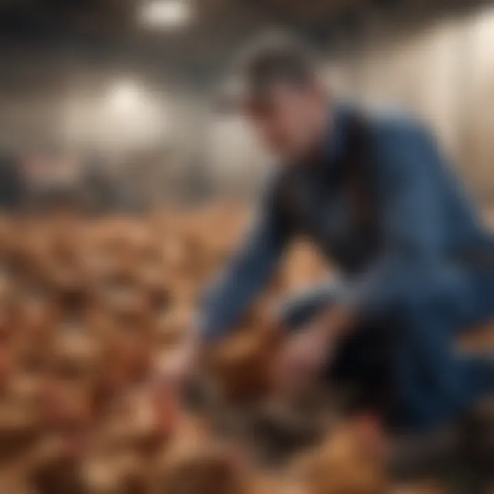 A farmer checking the health of a chicken