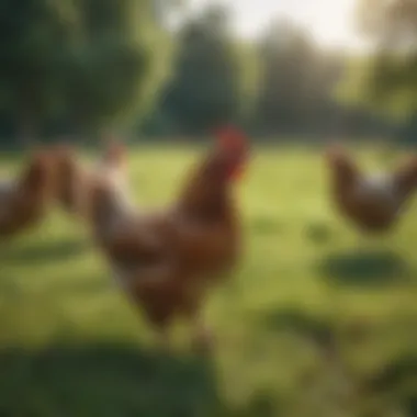 Healthy laying hens roaming freely in a green pasture