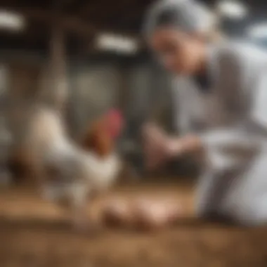 A veterinarian examining a laying hen for health assessment