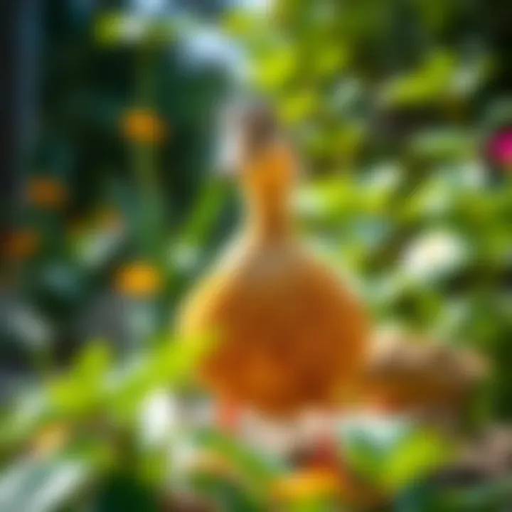 A vibrant pet duck in a lush garden setting, showcasing its natural behavior.