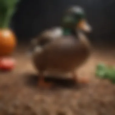 Balanced Diet for Ducks A variety of duck food including grains, seeds, and vegetables, emphasizing a balanced diet.