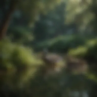 A serene pond surrounded by lush greenery, showcasing a natural habitat for ducks.