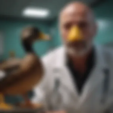 Health Care for Ducks A veterinarian examining a duck, highlighting the importance of health monitoring.