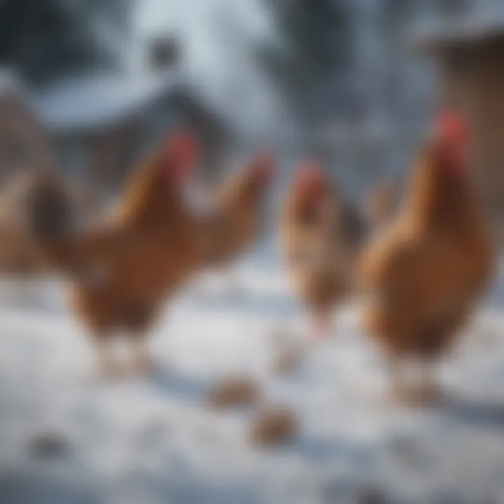 Happy chickens in a snow-covered yard