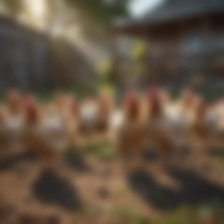 Happy chickens roaming freely in a yard.