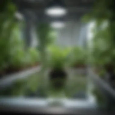 A close-up of a hydroponic setup showcasing nutrient-rich water and vibrant green plants.