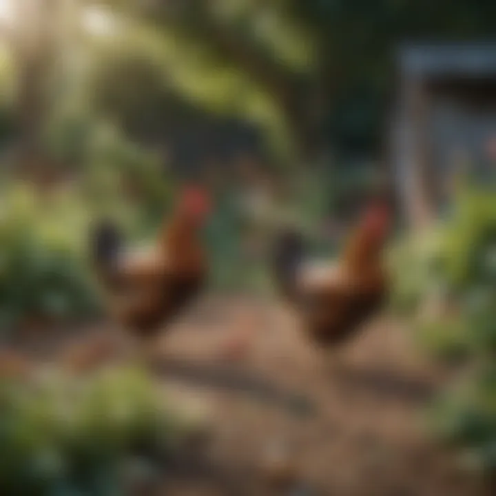 A serene backyard garden with chickens happily foraging among plants.