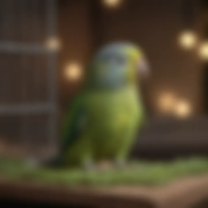 Illustration of essential accessories inside a parakeet cage, emphasizing enrichment.