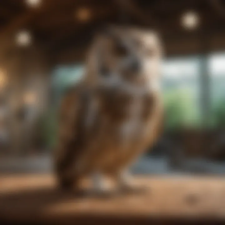 An owl in a spacious aviary, highlighting appropriate living conditions.