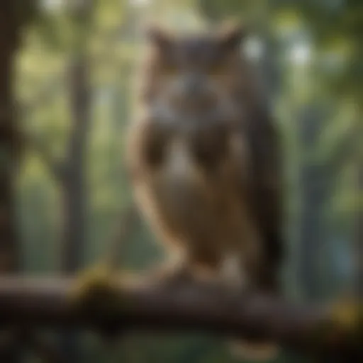 A majestic owl perched on a tree branch, showcasing its feathers.