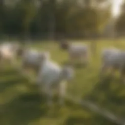 A serene pasture with goats grazing within an electric netting enclosure