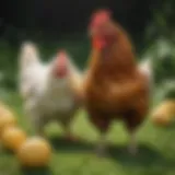 A diverse array of chicken breeds known for egg production gathered in a lush green backyard.