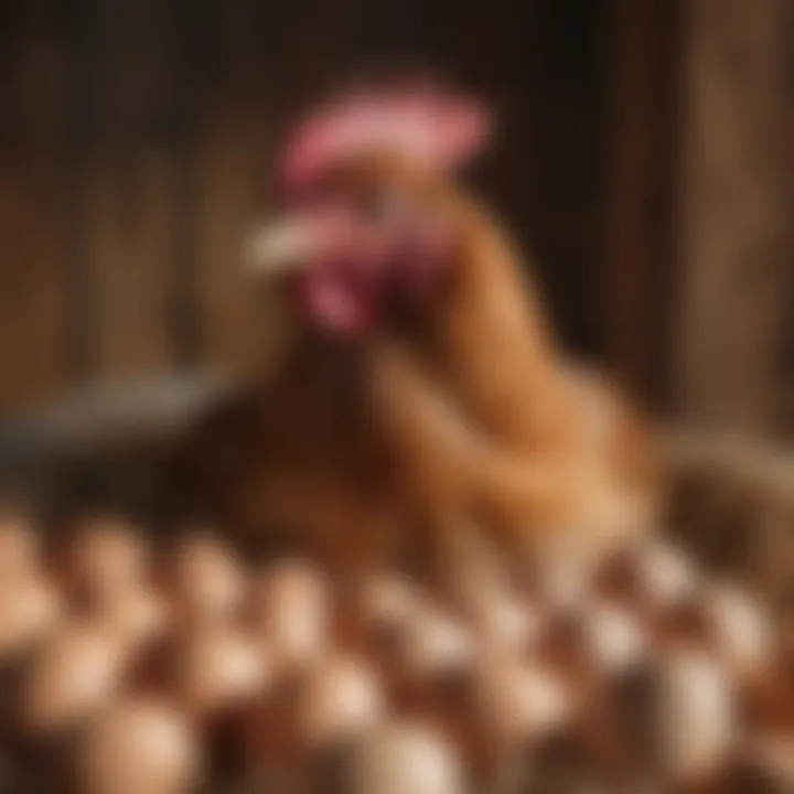 Close-up of a hen in a nesting box, showcasing her attentive nature while laying eggs.