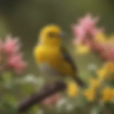 Golden Warbler: Nature's Tiny Treasure A golden warbler amidst blooming flowers, highlighting its delicate presence.