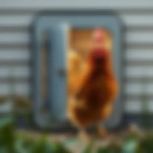 Illustration of a high-tech automatic chicken door in use