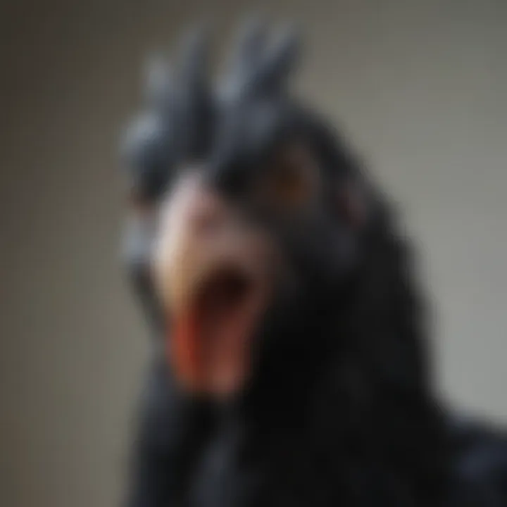 Close-up of Ayam Cemani chicken showcasing its unique features