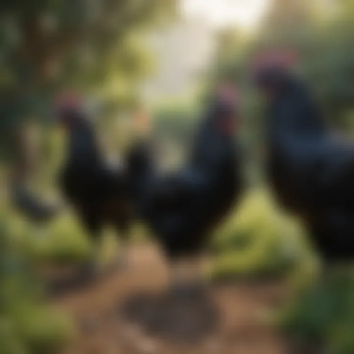 Ayam Cemani chickens roaming freely in a lush garden