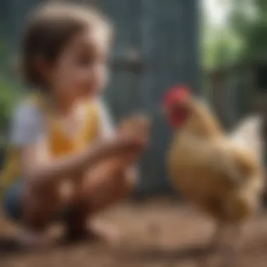 A close-up of a bantam chicken interacting with a child