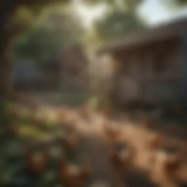 A serene chicken coop with healthy hens roaming freely