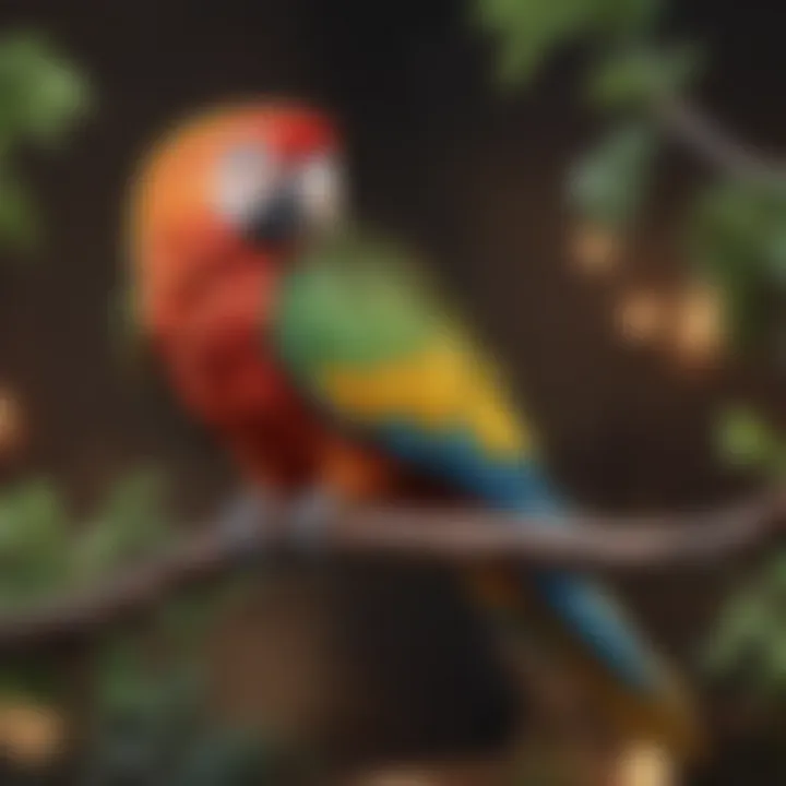 A colorful parrot perched on a branch, showcasing its vibrant feathers and playful demeanor.