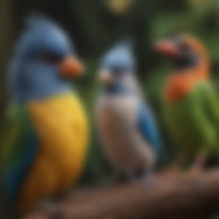 An array of different talking bird species displayed, emphasizing their diversity in size and coloration.