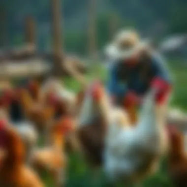 Caring for Dual-Purpose Chickens A farmer tending to a flock of dual-purpose chickens